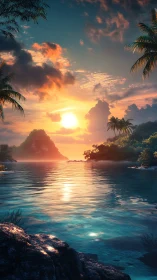 Hyperreal tropical lagoon sunset with reflective water and clouds