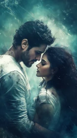 Atmospheric Portrait: Two Figures in Ethereal Teal Luminescence and Particulate Haze