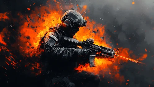 Tactical operator in ballistic armor amid explosive firestorm.