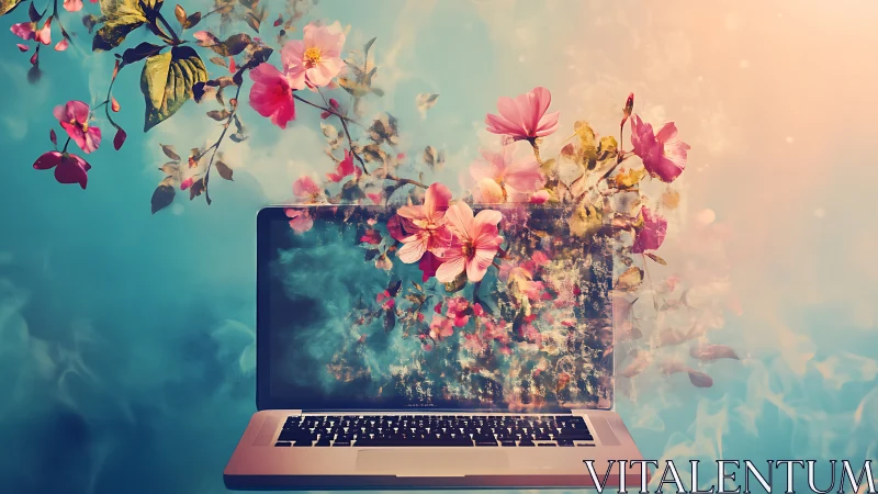 Laptop computer displays digitally composited blooming flowers
