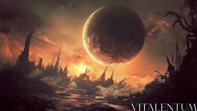 Planetary sphere above eroded alien landscape at dusk.