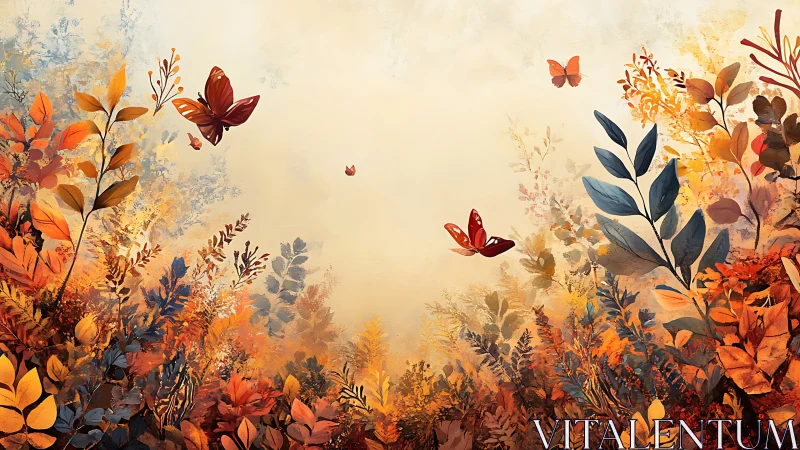 Autumn foliage with butterflies against soft pale sky.