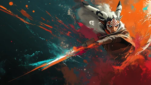 Dual-tone warrior lunges through explosive paint vortex.