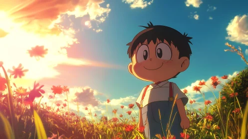 Smiling cartoon boy standing in sunlit flower meadow.