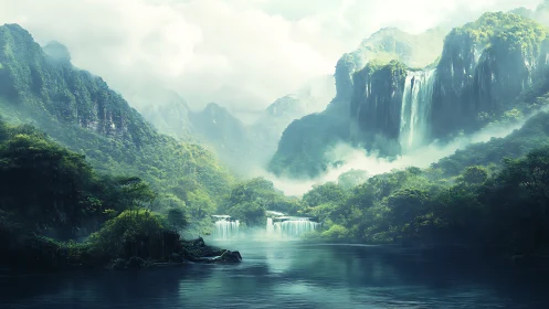 Misty green mountains with layered waterfalls and river.