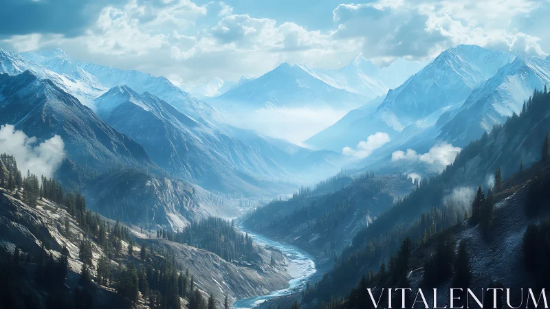 Glacial alpine valley rendered in high-detail digital painting