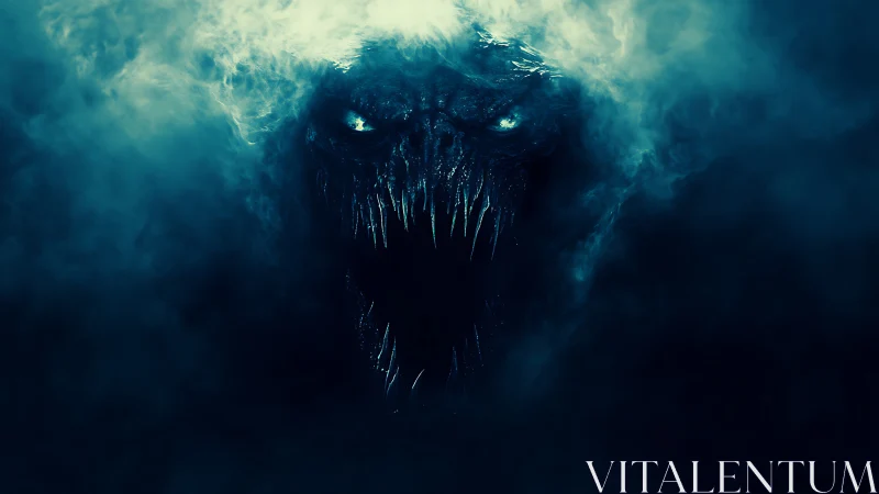 Demonic abyssal entity emerges from cyan-tinged atmospheric fog