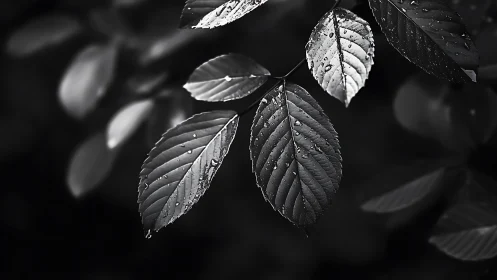 Wet serrated leaves hang in sharp focus against dark blur