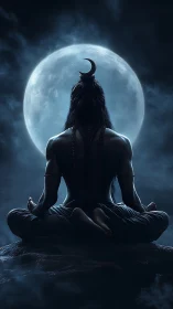 Meditating deity silhouette aligns with glowing full moon