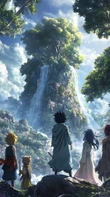 Fantasy adventurers facing colossal waterfall tree sanctuary.