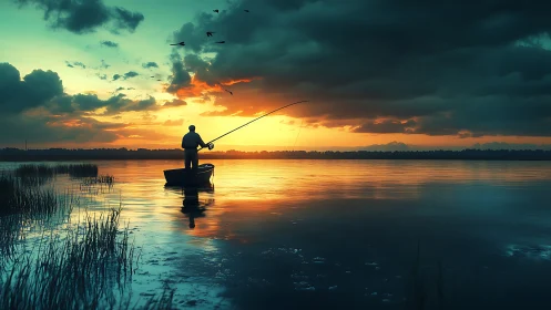 Solitary angler casting dreams into a storm-kissed sunset.