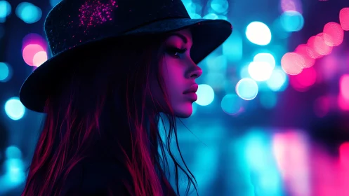 Profile view of woman in hat under neon city lights.