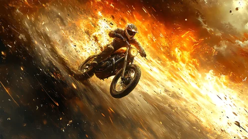 Blazing motorbike hero rides through a storm of molten light