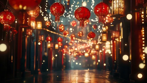 Lantern-lit festival street shimmering in dreamy night glow.