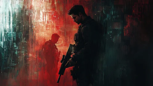 Brooding soldier in neon fog between war and memory.