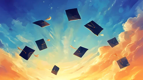 Graduation caps soar through radiant sunset sky celebration.