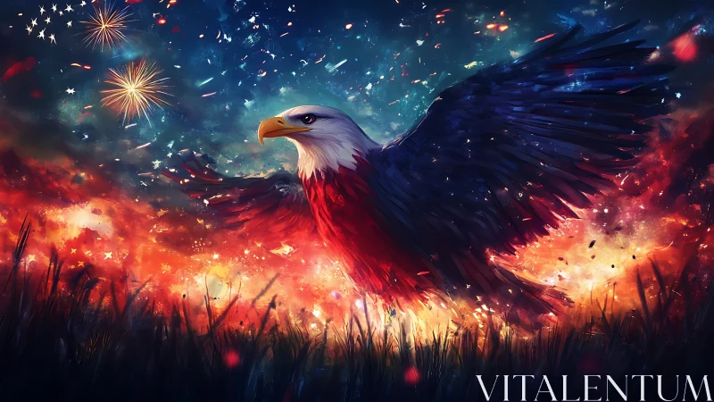 Digital painting of majestic eagle amid pyrotechnic sky.