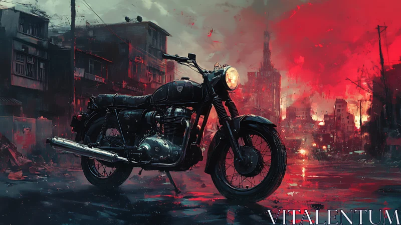 Vintage motorcycle stands in rain-soaked, red-lit urban ruin