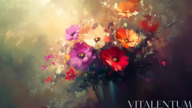 Vibrant Flowers in Vase with Atmospheric Light.