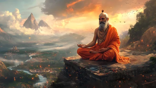 Monastic yogi in luminous mountain vista, atmospheric depth study.