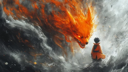 Fiery spectral fox confronting cloaked child in storm vortex