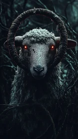 Dreadhorn ram with burning eyes in tangled forest gloom.