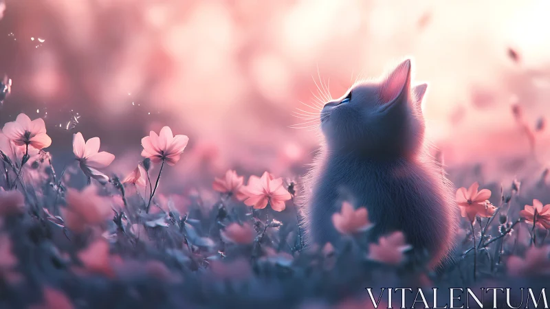 Kitten Gazes Upward in Pink Floral Field.