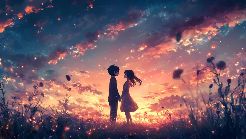 Silhouetted anime couple in glowing dusk meadow under nebula sky