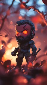 Glowing-eyed warrior figurine stands amid fiery fantasy bokeh