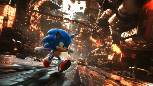 Blue speedster rockets through a molten steel cyber street