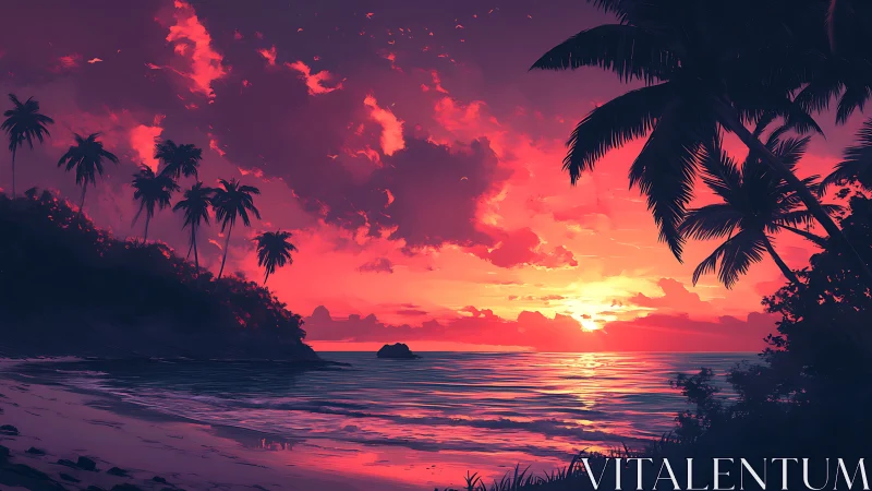 Digital coastal sunset scene shows silhouetted palm trees