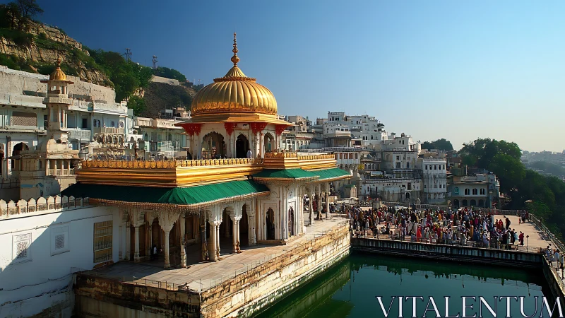 Golden lakeside temple thrums with morning devotion and light.