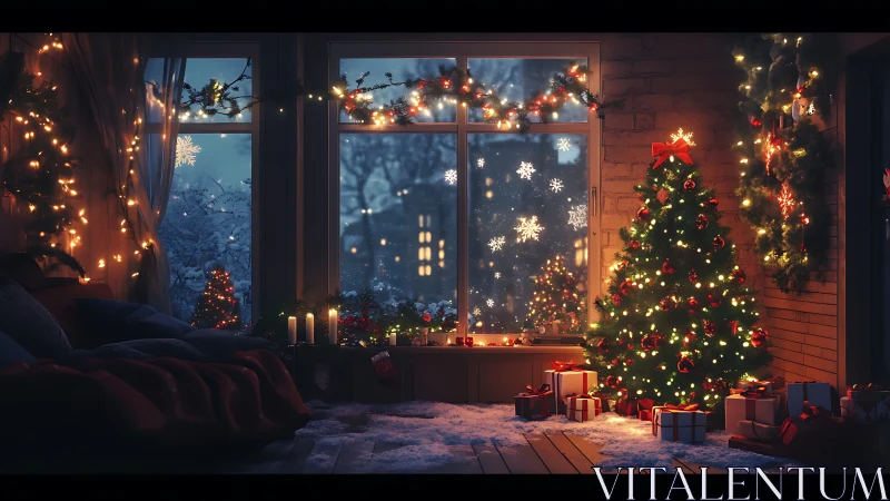 Softly glowing Christmas room welcomes a peaceful winter night