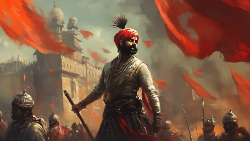 Warrior leader stands before fortress amid red battle flags