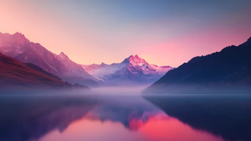 Sunrise alpine peaks mirror over still misted lake.