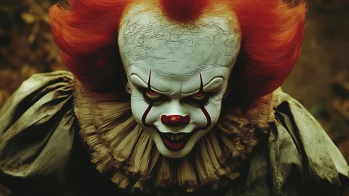 Photorealistic horror clown portrait with dramatic overhead view.