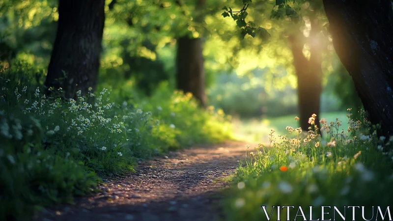 Sunlit Forest Path with Wildflowers in Soft, Dreamy Light.