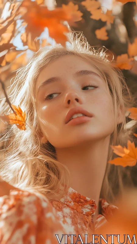 Soft autumn portrait bathed in golden falling leaves.