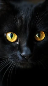 Golden-Eyed Black Cat Gazing Directly Forward.