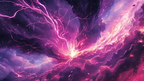 Cosmic storm rips nebula sky with radiant violet lightning