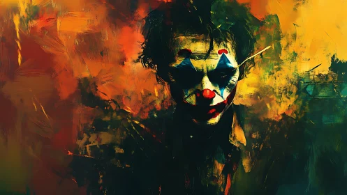 Expressionist clown portrait rendered in high-contrast chromatic turbulence