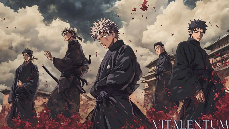 Samurai warriors in black robes amid crimson petals storm.