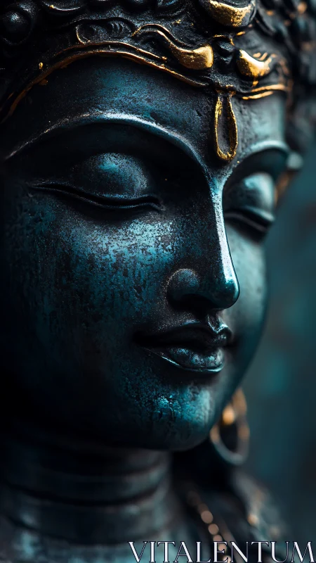 Bronze deity close-up with teal patina and gilded detailing.