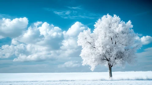 Solitary frost covered tree rising from bright winter field