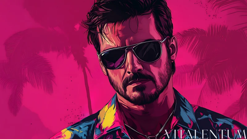 Neon-soaked retro portrait of man in reflective shades.