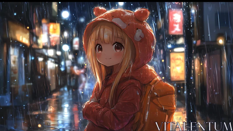 Girl in orange hoodie standing in rainy city street at night.