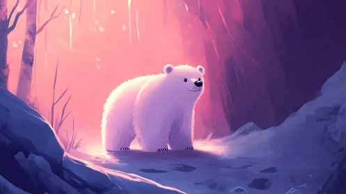 Polar bear cub stands in stylized icy forest ravine light