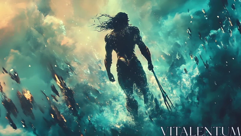 Ocean storm warrior strides through glowing tidal chaos.