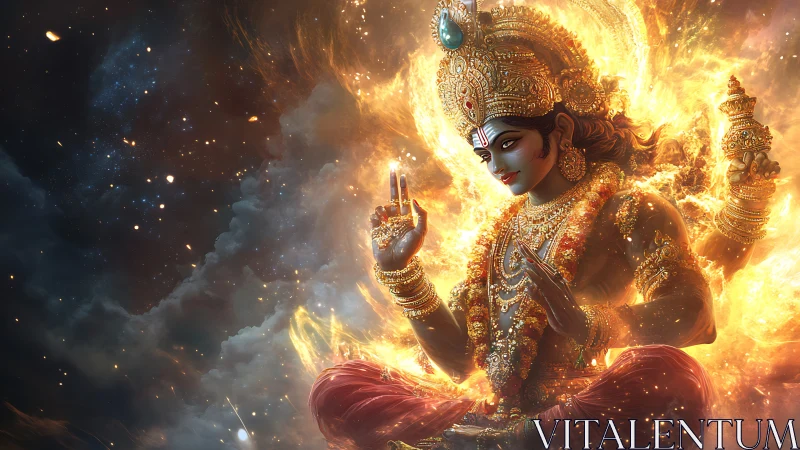 Hindu deity in fiery cosmic space with glowing ornamented form.
