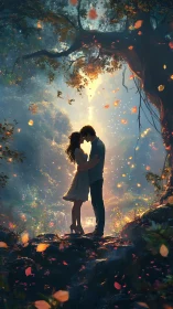 Luminescent Romance: Silhouetted Couple Embracing Beneath Radiant Forest Canopy.